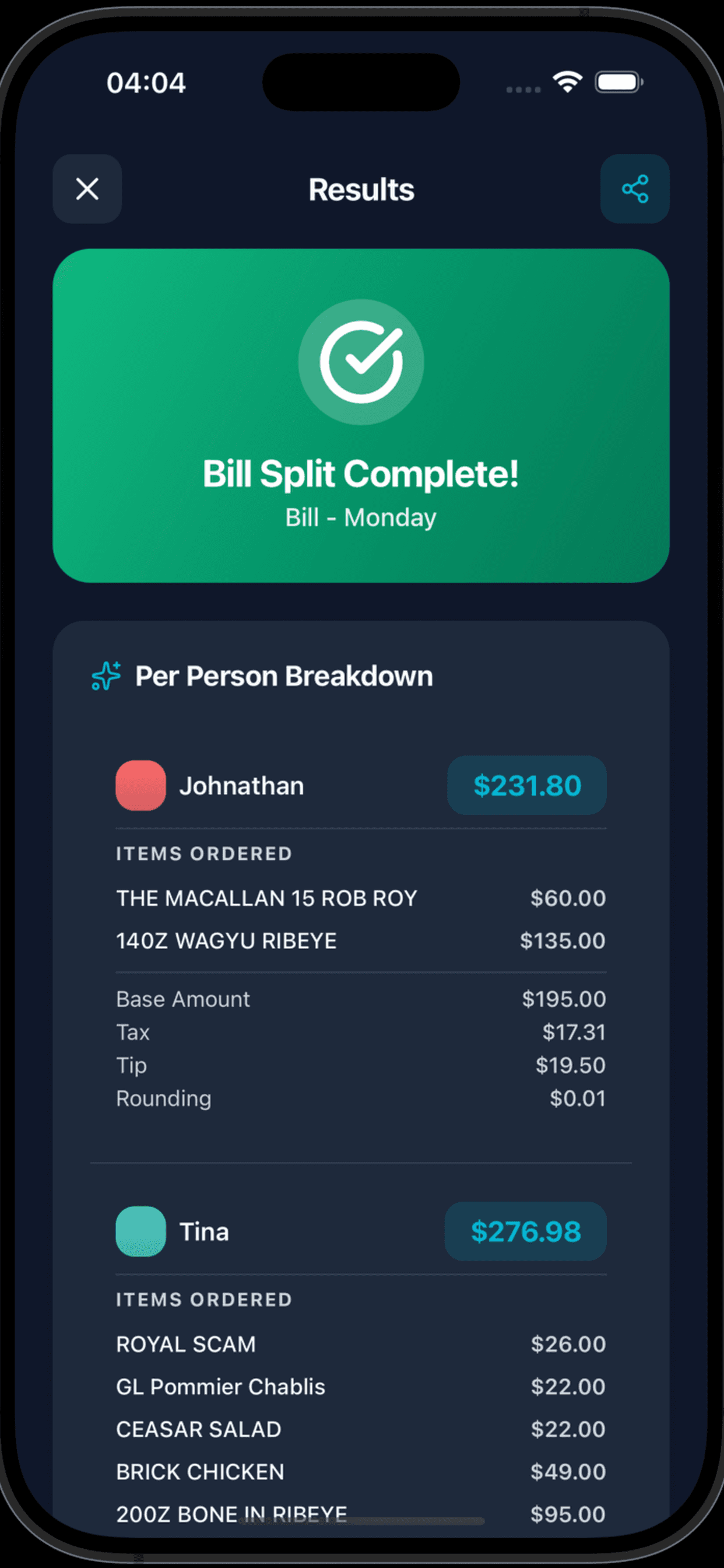 Per-person breakdown results